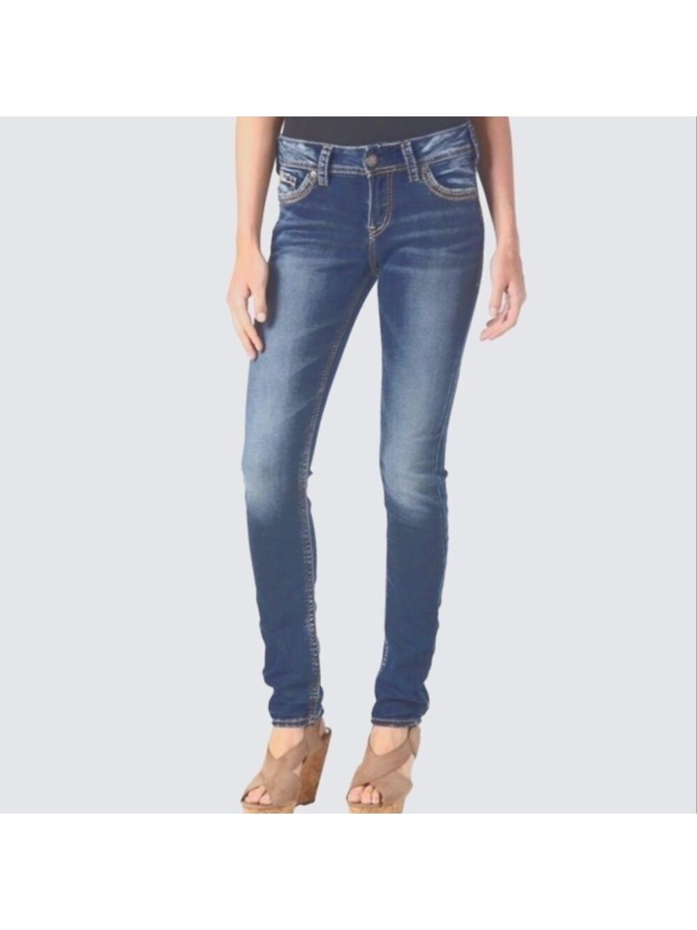 Y2K Silver Jeans Suki Mid Pencil Skinny Low Rise Medium Wash Faded Flap Pockets